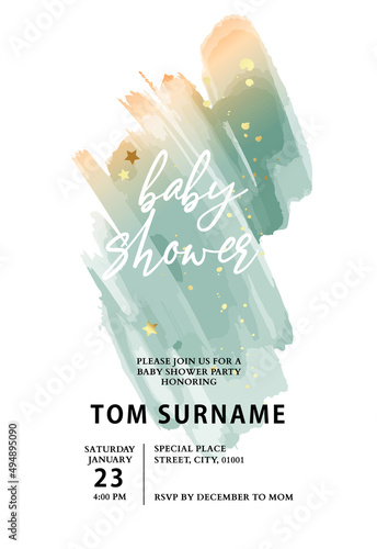 Baby shower  invitation cards with gold marble texture and geometric stars pattern abstract watercoor background vector design template