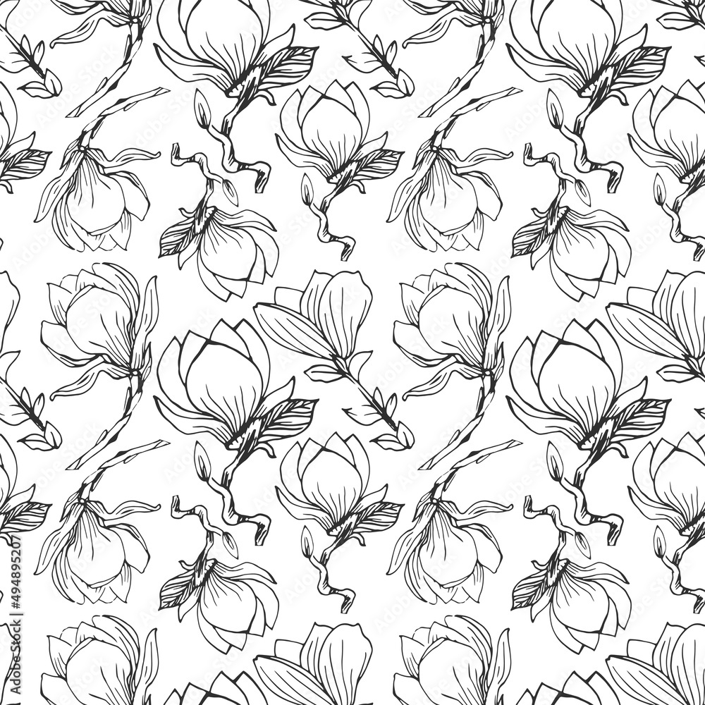 Floral seamless pattern with magnolia flowers, leaves and petals on white background. Pastel vintage theme with vector, spring flowers for fabric, prints, greeting cards. Floral seamless pattern with magnolia flowers, leaves and petals on white background. Pastel vintage theme with vector, spring flowers for fabric, prints, greeting cards.