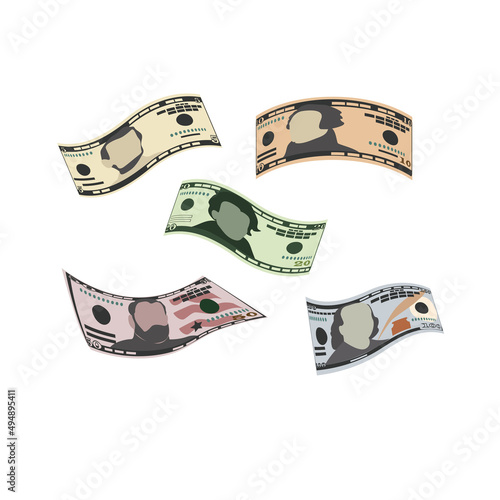 American dollar Vector Illustration. USA money set bundle banknotes. Falling, flying money 5, 10, 20, 50, 100 USD. Flat style. Isolated on white background. Simple minimal design.