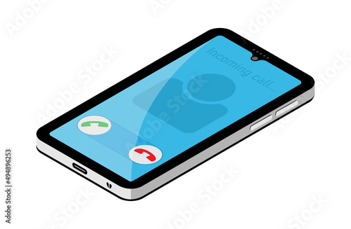 3d mobile phone isometric vector illustration with incoming call buttons. Incoming call illustration with reflection to use in communication, business, connection, digital technology projects.