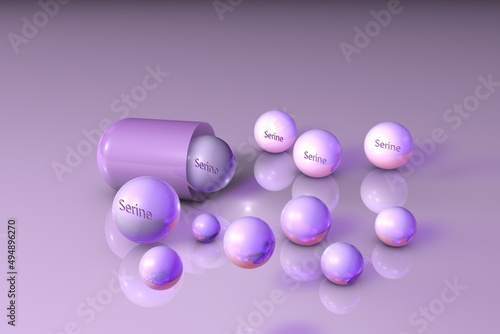 Opened capsule with serine drops. Healthy life concept. Medical background. Scientific background. 3d illustration photo