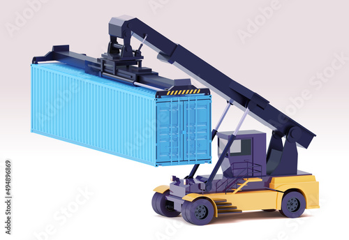 Vector reach stacker or container loader. Crane lifting maritime intermodal cargo container. International trade and logistics illustration