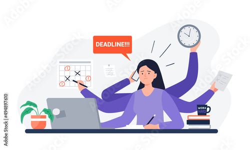 A tired woman missing deadline. An office worker overwhelmed by work, reports, and calls. Vector flat illustration.