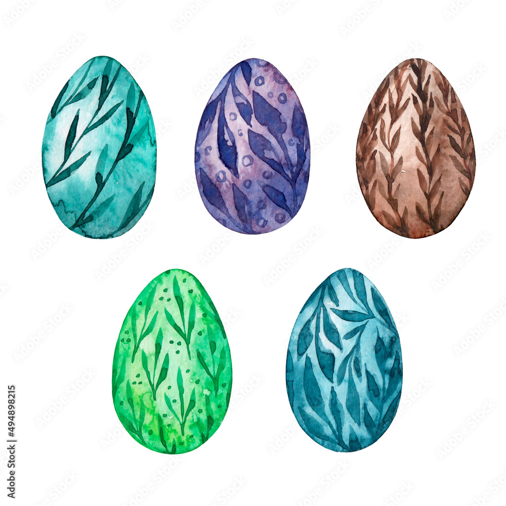 Watercolor set of Easter eggs with patterns. Isolated on white background. Festive food. Spring. Watercolor set of Easter eggs with patterns. Isolated on white background. Festive food. Spring.
