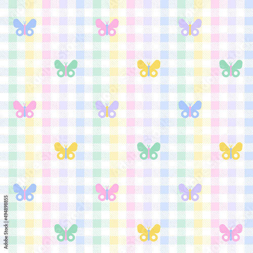 Pastel Rainbow Colorful Cute Beautiful Butterfly Gingham Square Background Vector Cartoon Illustration Tablecloth, Picnic mat wrap paper, Mat, Fabric, Textile, Scarf.