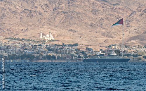 View on Aqaba city, with the biggest flag of Arab revolt in the Middle East, ...