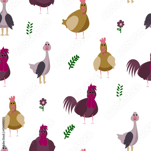 Farm birds hen, goose, chicken on seamless pattern for nursery, wallpaper, wrapping, textile