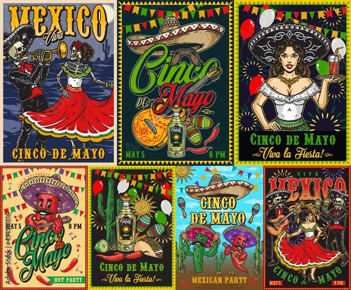 Colorful posters set with Mexican characters
