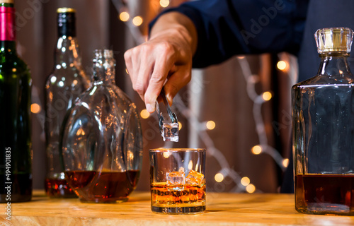 Bartender Serve Whiskey, on wood bar, 