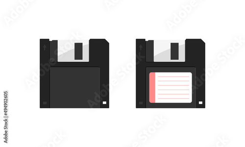 Floppy disk 3,5 inch isolated. Vector flat illustration of retro floppy 3,5-inch diskette with label and without. Vintage 80s and 90s computer data carrier photo
