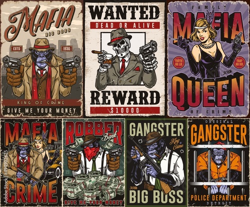 Mafia posters collection with criminal characters