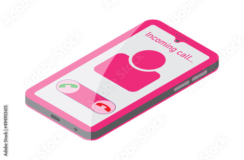 3d pink mobile phone isometric vector illustration with incoming call sign. Colorful smartphone illustration with reflection to use in communication, business, connection, digital technology projects.