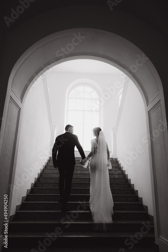 Wedding of a beautiful, stylish couple, a bride in a white wedding dress and a groom in a black suit, tuxedo.