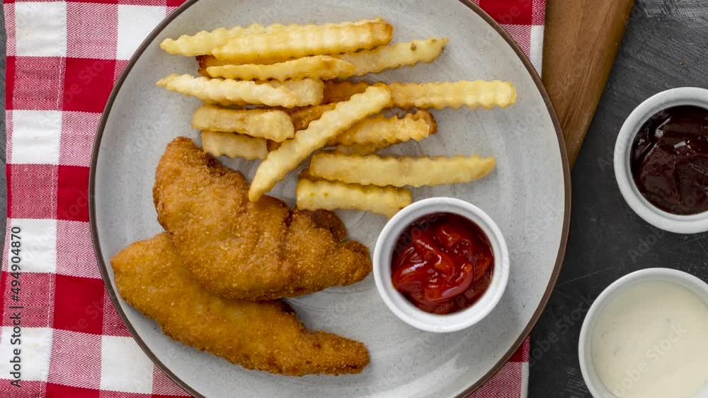 Rotating Plate of Chicken Tenders and French Fries Rotating Plate of Chicken Tenders and French Fries