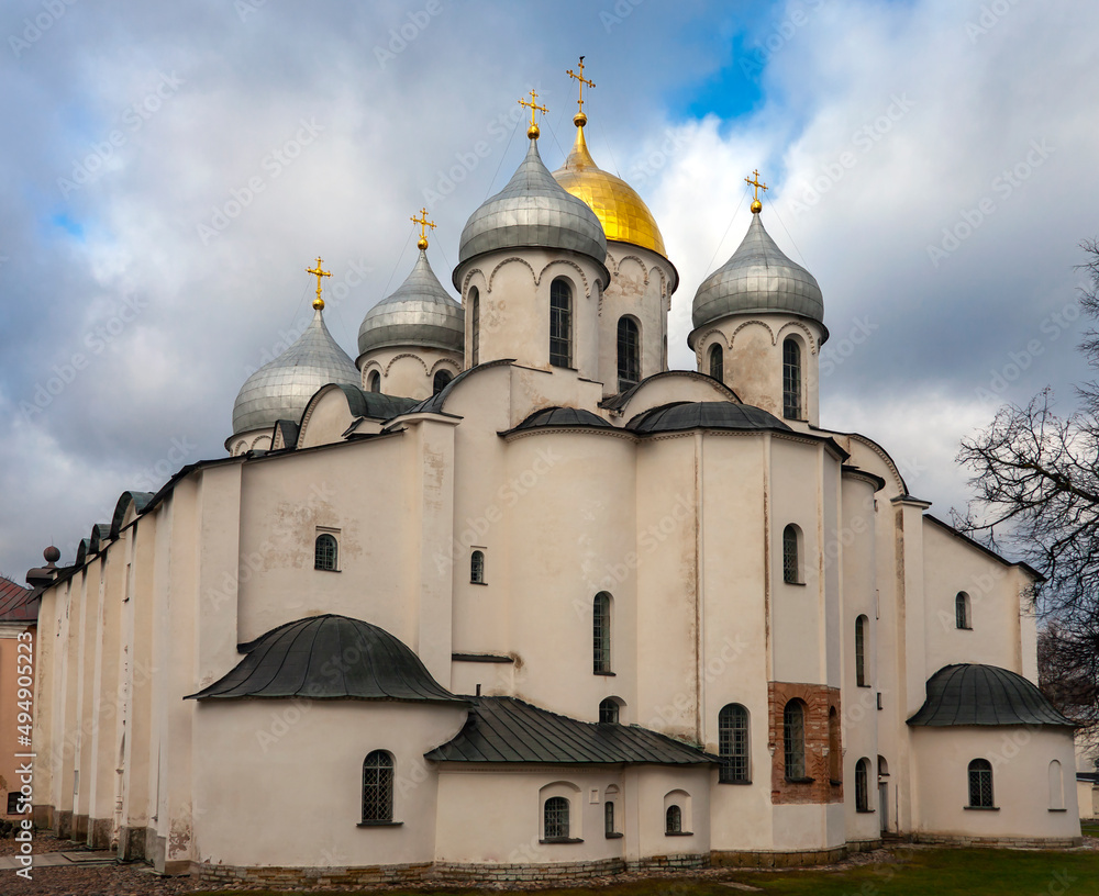 Ancient Russia. View of St. Sophia Cathedral main Orthodox church of Veliky Novgorod, created in 1045-1050,  Cathedral of the Novgorod Metropolis.