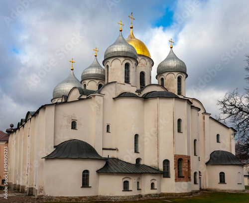 Ancient Russia. View of St. Sophia Cathedral main Orthodox church of Veliky Novgorod, created in 1045-1050, Cathedral of the Novgorod Metropolis.