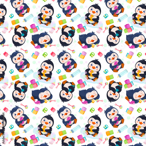 Seamless pattern with cute little penguins with cubes  rattle  fluffy pacifier  bottles.