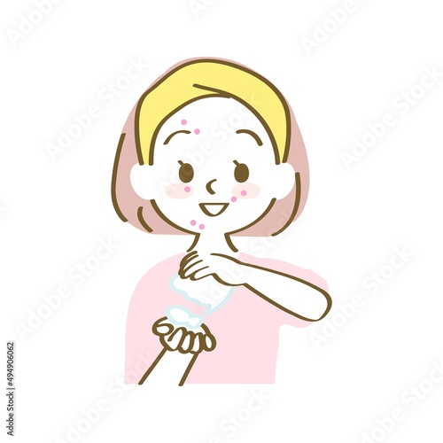 イラスト素材：洗顔料をたっぷり泡立てる女性のアイコン（ニキビ/手描きパステル/上半身）
