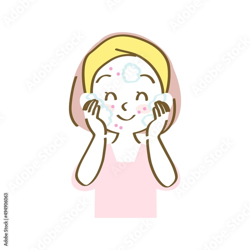 イラスト素材：洗顔料を泡立ててから優しく汚れを取る女性のアイコン（ニキビ/手描きパステル/上半身）
