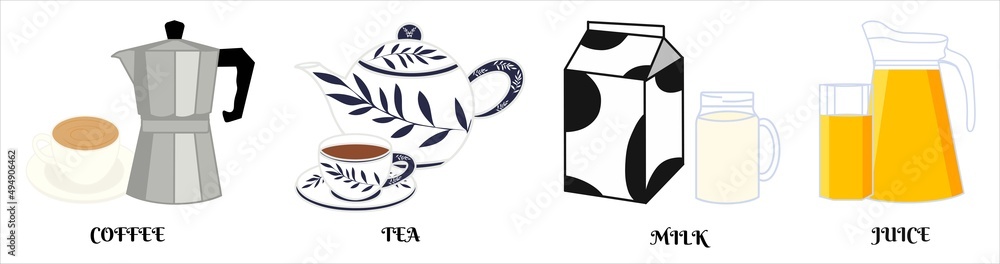 Hand drawn vector; set of drinks. Coffee, tea, milk, and juice isolated on white background. Hand drawn vector; set of drinks. Coffee, tea, milk, and juice isolated on white background.