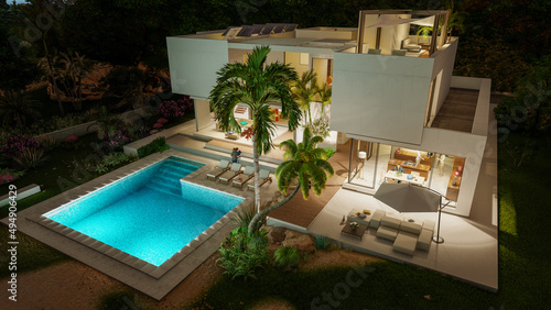 Luxury modern  villa with pool at dusk © FrankBoston