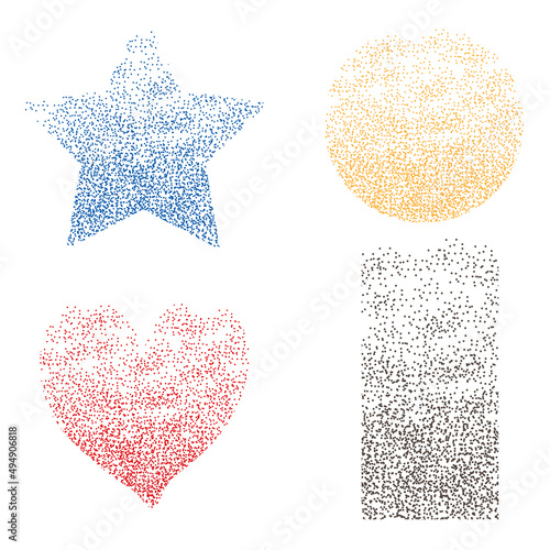 Figures made up of small dots. Set of four figures - circle, heart, star and rectangle