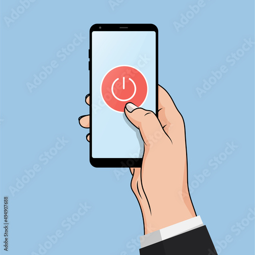 Flat design style human hand  holding smartphone or tablet with Power Symbol on the screen.vector design element 