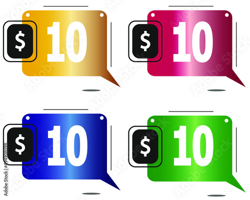 $10 dollars price. Yellow, red, blue and green coin labels.
vector for sales and purchase