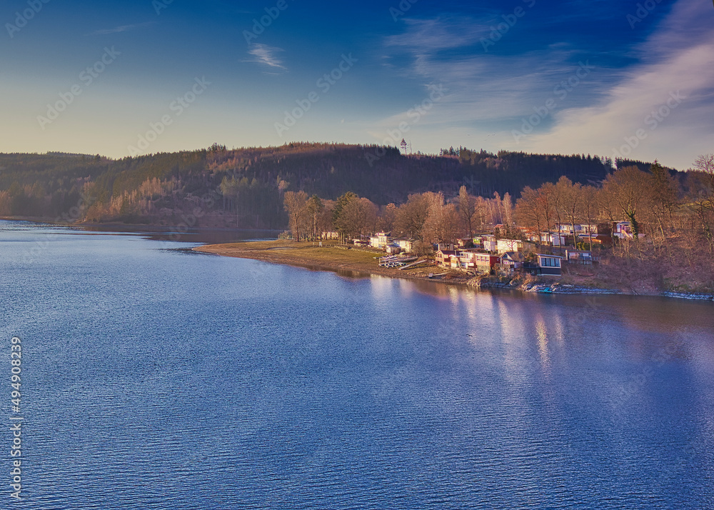 Blick auf das Strandbad in Saalburg an der Bleilochtalsperre, Saale Stausee Blick auf das Strandbad in Saalburg an der Bleilochtalsperre, Saale Stausee