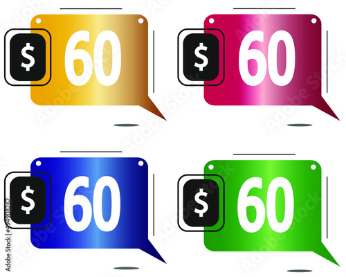 $60 dollars price. Yellow, red, blue and green coin labels. vector for sales and purchase