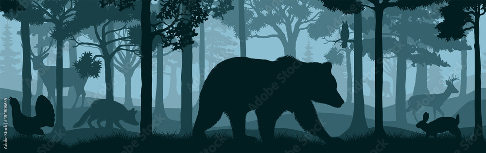 vector forest woodland background texture seamless pattern with bear ...