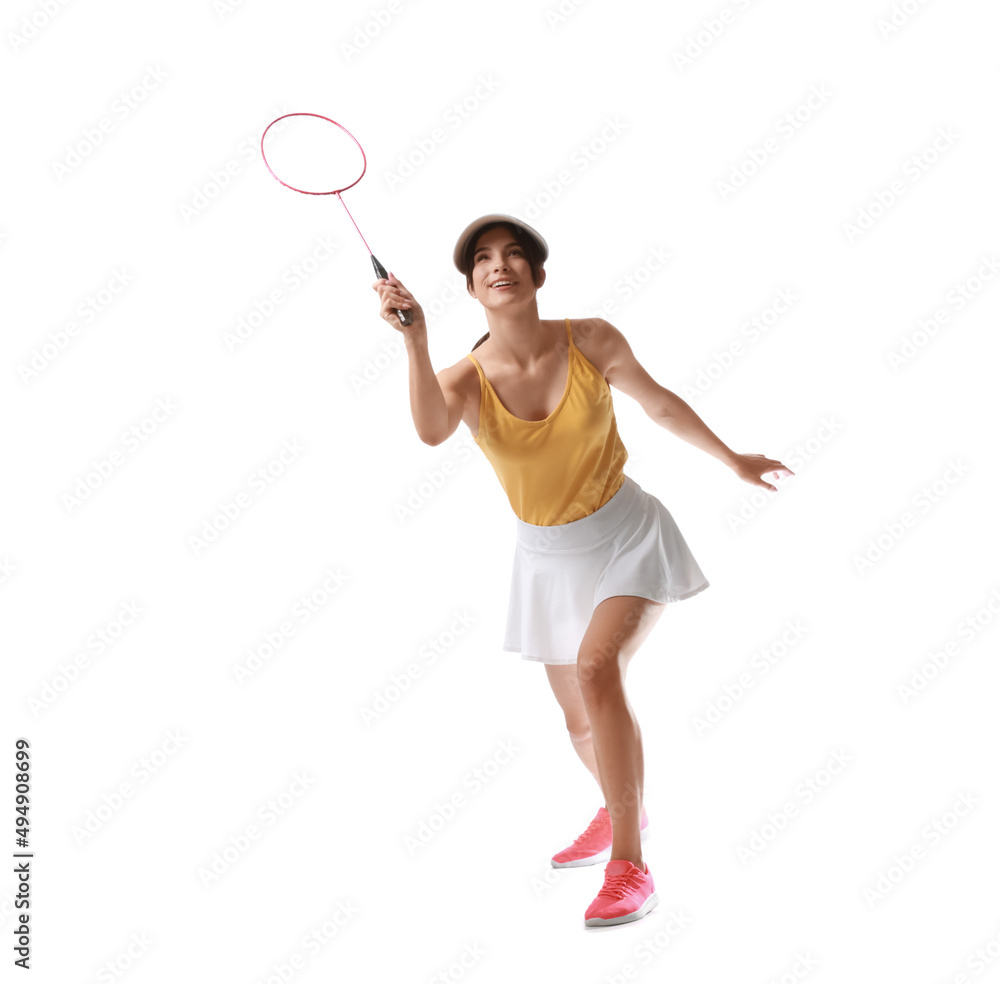 Sporty female badminton player on white background Sporty female badminton player on white background