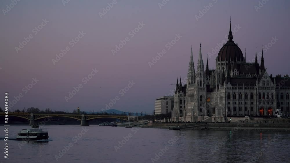 cathedral in hungary in budapest taken by the river with ships cathedral in hungary in budapest taken by the river with ships