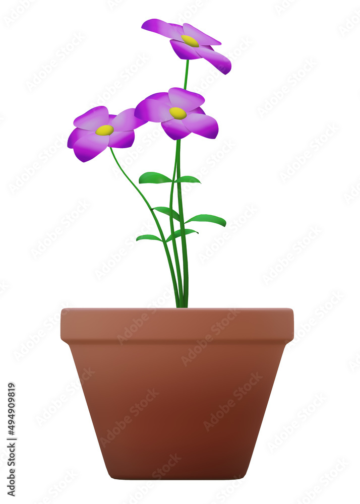brown clay flower pot with pink bright flowers 3d illustration render isolated side view isolated white background