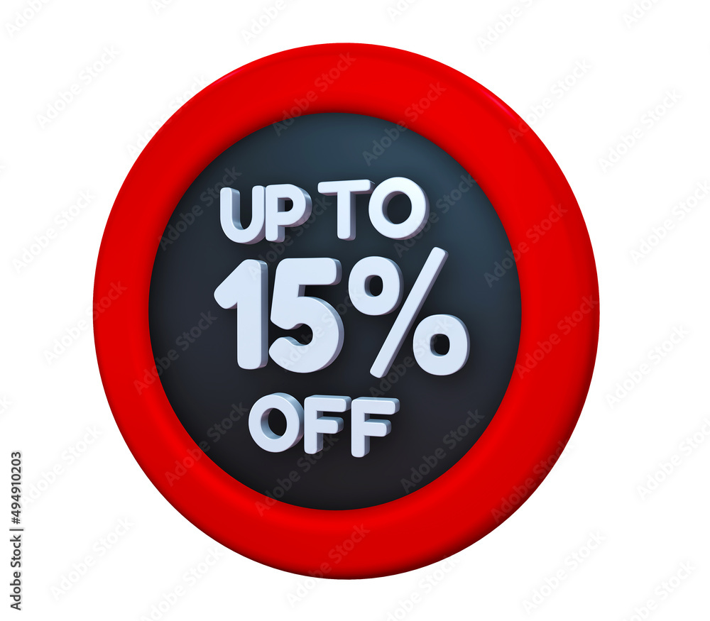 3D Illustration with text: Up to 15% Off. Discount for big sales. White text color on a black and red background. 3D Illustration with text: Up to 15% Off. Discount for big sales. White text color on a black and red background.