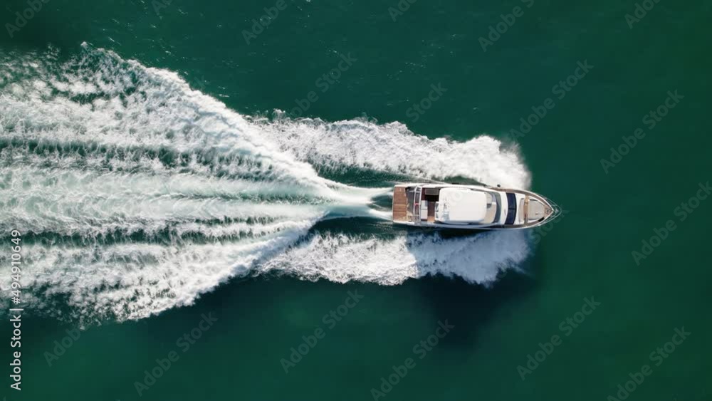Aerial drone shot over speed yacht. Vacation holiday concept. Yacht party.
