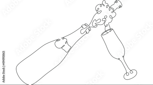One continuous line.The cork flies out of a bottle of champagne.Bottle of wine and glass.Alcohol and wine glasses.Champagne cork flies out of the bottle of sparkling wine.Continuous line drawing