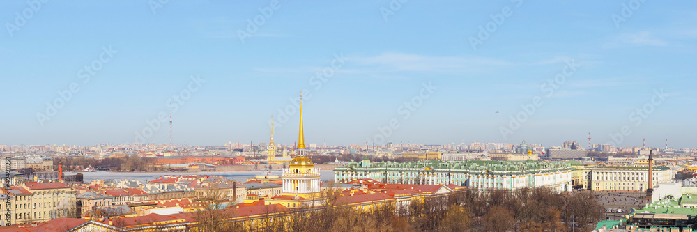 Aerial panoramic view of Admiralty and Hermitage, St Petersburg, Russia. Skyline of Saint Petersburg, top view