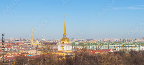 Aerial panoramic view of Admiralty, Hermitage and Peter and Paul Fortress, St Petersburg, Russia. Skyline of Saint Petersburg, top view