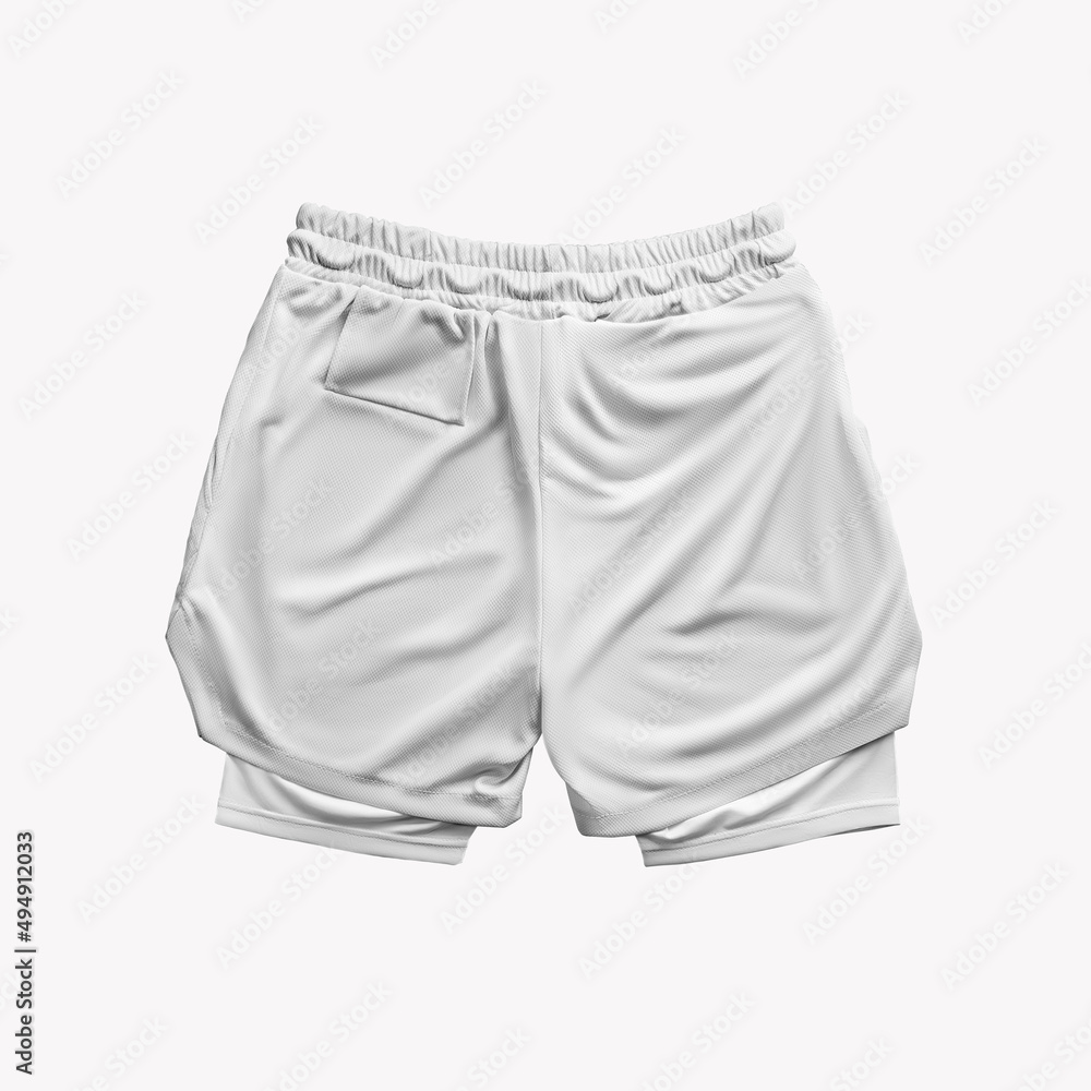 Mockup of male white loose shorts with compression line, pocket, isolated on background, back view. Mockup of male white loose shorts with compression line, pocket, isolated on background, back view.