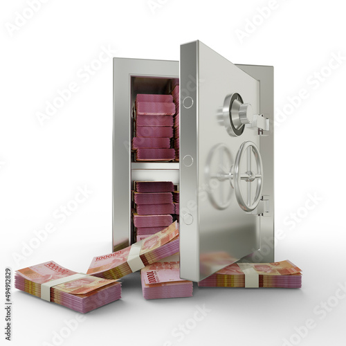 Bundles of Indonesian rupiah in Steel safe box. 3D rendering of stacks of money inside metallic vault isolated on white background, Financial protection concept, financial safety.