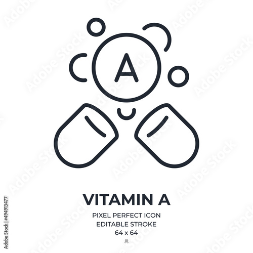 Vitamin A retinol capsule editable stroke outline icon isolated on white background flat vector illustration. Pixel perfect. 64 x 64.