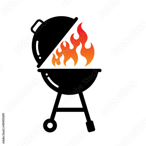 BBQ grill with fire logo icon flat style vector illustration isolated on white background