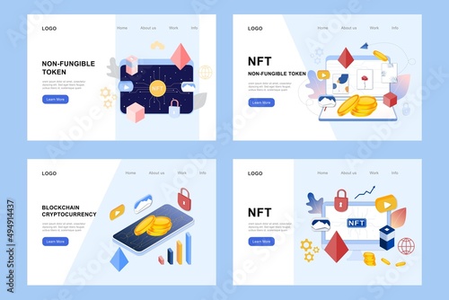 NFT non fungible token infographic with lines and dots network. Pay for unique collectible video, game, art. Isometric vector illustration of NFT with blockchain technology for web banner template set