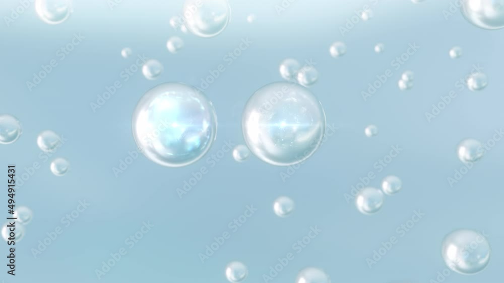Macro shot of various Light Blue bubbles in water rising up on light background. Super slow motion Beauty glossy Moisturizing bubble or Fresh drops 3D animation find a special extract essentials. Macro shot of various Light Blue bubbles in water rising up on light background. Super slow motion Beauty glossy Moisturizing bubble or Fresh drops 3D animation find a special extract essentials.