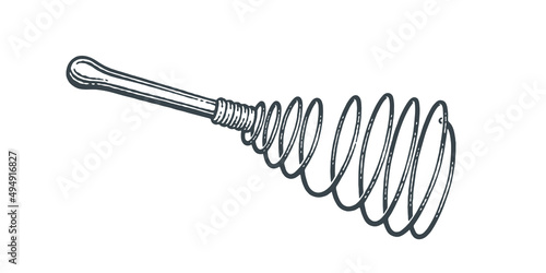 Whisk for whipping eggs and cream. Hand drawn engraving style vector illustration.