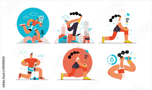 Runners set. Flat vector concept illustrations of male and female athletes running in the park, forest, stadium track or street landscape. Healthy activity and lifestyle. Sprint, jogging, warming up.