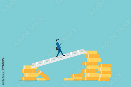 business man walking from one pile of low coins to another. The concept of income gap. Revenue rebound and recover from economic crisis or earning and profit growth