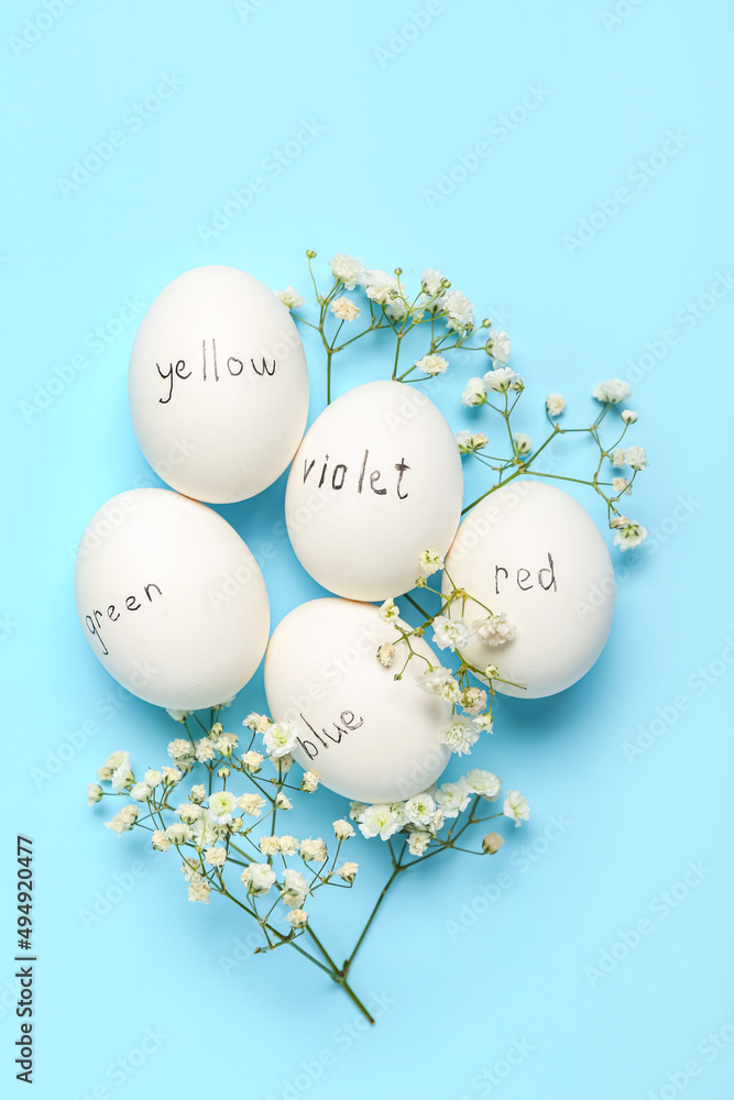 Composition with painted Easter eggs and flowers on blue background
