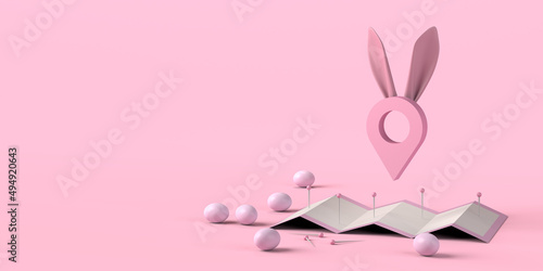 Map with easter bunny ears and easter eggs. 3D illustration. Copy space.